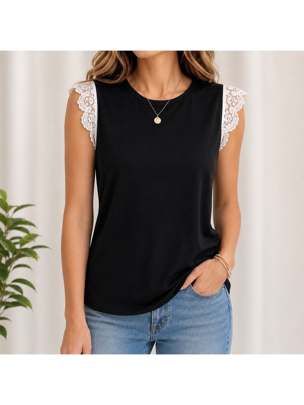 Heather Black Sleeveless Top White Lace Trim Sz S
